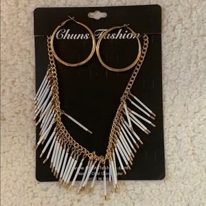 White and gold Necklace W/ Gold hoop earrings
